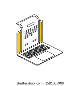 Laptop document. Vector line, 3d stroke isometric, color web icon, new flat style. Creative illustration design, abstract idea for infographics.