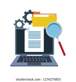 Laptop with documents and magnifying glass