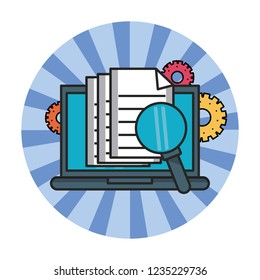 Laptop with documents and magnifying glass