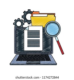 Laptop with documents and magnifying glass scribble