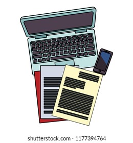Laptop and documents with smartphone