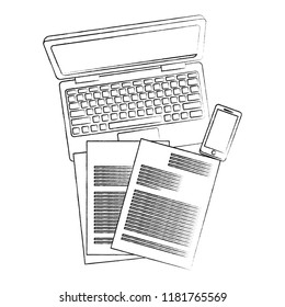 Laptop and documents with smartphone sketch
