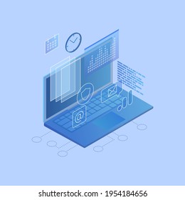 laptop, documents, speech bubbles, graph, program. concept of digital security, analysis and statistic data, programming code, planning, manage project, landing page. blue color