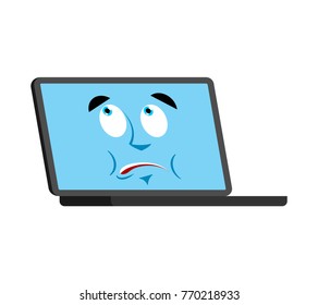 Laptop does not know confused emoji face avatar. Computer perplexed emotions. PC surprise. Vector illustration