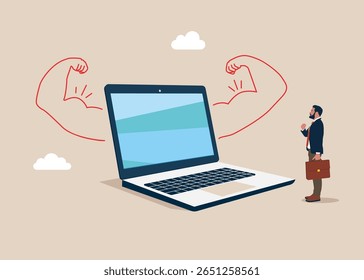 Notebook fazendo um gesto forte. Poder da tecnologia. Alta estima. Melhor desenvolvimento de linguagem de codificação, projeto de aplicativo de programação no laptop. Ilustração de vetor plano.