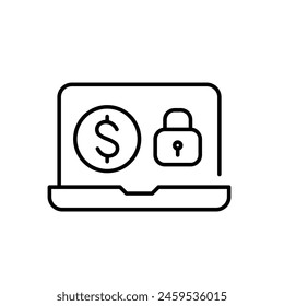 Portátil con símbolo de dólar y candado. Banca segura, seguridad financiera y transacciones privadas. Icono Vector