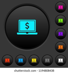 Laptop with Dollar sign dark push buttons with vivid color icons on dark grey background