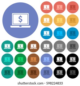Laptop with Dollar sign multi colored flat icons on round backgrounds. Included white, light and dark icon variations for hover and active status effects, and bonus shades on black backgounds.