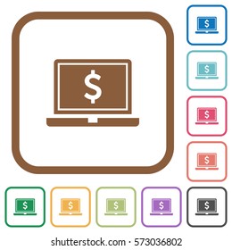 Laptop with Dollar sign simple icons in color rounded square frames on white background