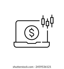 Laptop with dollar sign and stock trading candlestick bar chart. Technical analysis pixel perfect icon