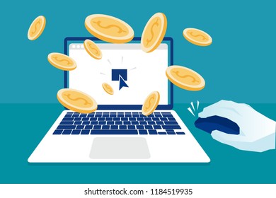 The laptop, dollars gold rain coming out of the screen. The business success winning profit online banking growing money stock-market investment concept. Eps Vector illustration, flat business style. 