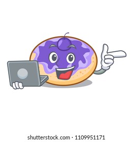 With laptop donut blueberry character cartoon