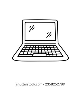 Ilustración vectorial del doodle portátil. Dibujo manual de la línea negra pc. Icono, logotipo, símbolo del equipo de escritorio.