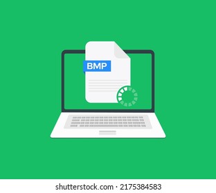 Laptop and download BMP file logo design. BMP file conversion square vector design and illustration.
