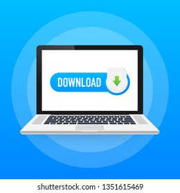 Laptop and download file icon. Document downloading concept. Trendy flat design graphic with long shadow. Vector stock illustration.