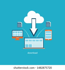 Laptop and download file icon. Document downloading