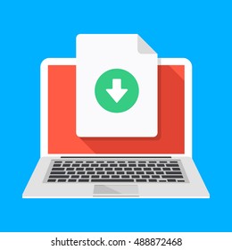 Laptop and download file icon. Document downloading concept. Trendy flat design graphic with long shadow. Vector illustration