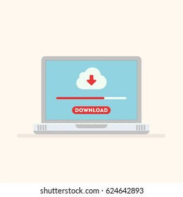 Laptop and download file icon. Document downloading concept. Vector illustration in a flat style.