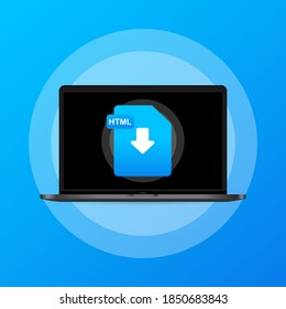 Laptop and download HTML file icon. Document downloading concept. HTML label and down arrow sign. Vector on isolated background. EPS 10