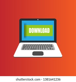 Laptop and download label. Document downloading concept. Trendy flat design. label with shadow