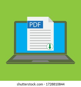 Laptop with download pdf file on screen. Upload document on ultrabook. Flat image of a modern laptop on a green background. Vector illustration. Stock Photo.