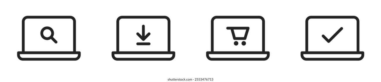 Laptop with download, purchase, search, tick buttons illustration for Web. Vector icons in flat style