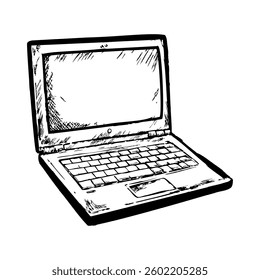 A laptop is drawn in black and white