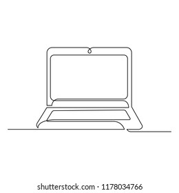 
A laptop is drawn by a single black line on a white background. Continuous line drawing. Vector illustration