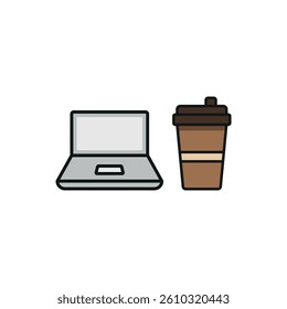 Laptop and drink set icon symbolizes work-life balance, digital lifestyle, and modern workspace vibes.