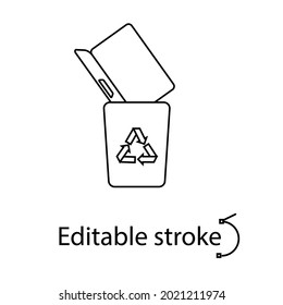 Laptop in dumpster outline icon. Computer problem. Laptop repairs. Customizable linear contour symbol. Editable stroke. Isolated vector stock illustration