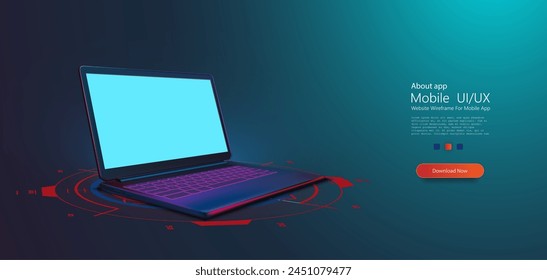 Laptop with Dynamic Backdrop in Dark Setting. Sleek, modern laptop with glowing keyboard, poised on a dark surface with red dynamic digital elements highlighting its state-of-the-art design. Vector