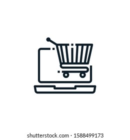 Laptop, e commerce, online shopping, cart outline icons. Vector illustration. Editable stroke. Isolated icon suitable for web, infographics, interface and apps.