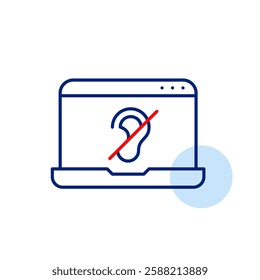 Laptop with ear crossed with red line. Quiet mode, noise cancelling or deaf, hearing-impaired individuals friendly digital working environment. Pixel perfect, editable stroke vector icon