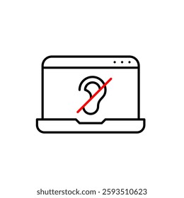 Laptop with ear crossed with red line. Quiet mode, noise cancelling or deaf, hearing-impaired individuals friendly digital working environment. Pixel perfect, editable stroke vector icon