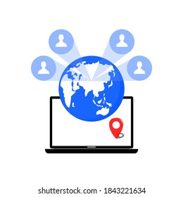 laptop, earth, navigation icon and some people icon in blue circle