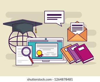 laptop with education document and books with letter