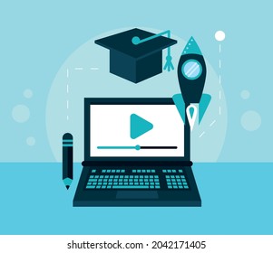 laptop and education set icons