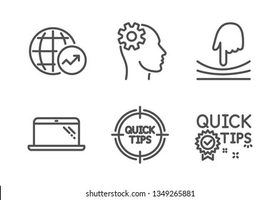 Laptop, Elastic and World statistics icons simple set. Engineering, Tips and Quick tips signs. Computer, Resilience. Science set. Line laptop icon. Editable stroke. Vector