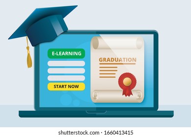 laptop with e-learning and graduation form topped with an academic cap on a light blue background, EPS 10