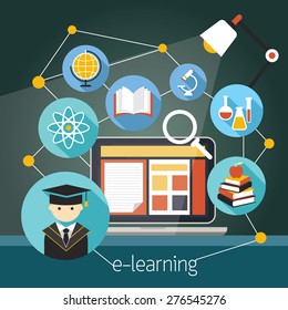 Laptop with E-Learning Icons, Education, School Online, E-Book, Study