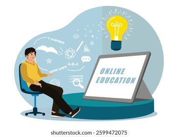 Laptop as e-learning idea. Male students do homework online from home using laptops. Flat vector illustration.