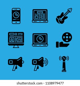 laptop, electric guitar, television, smartphone, megaphone, megaphone, laptop, antenna and ecology vector icon. Simple icons set
