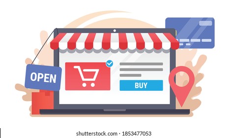 Laptop with electronic commerce icons. Vector online shopping illustration