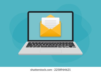 Laptop with electronic mail in a flat design. Open envelope in laptop screen