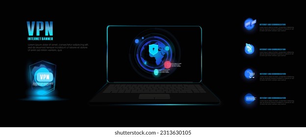 Laptop with electronic security system. VPN concept banner. Protection and security electronic data on your computer. Secure internet network on your computer