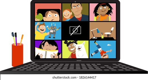 Laptop With Elementary School Remote Lesson Participants Trying To Keep Up With Technology, EPS 8 Vector Illustration