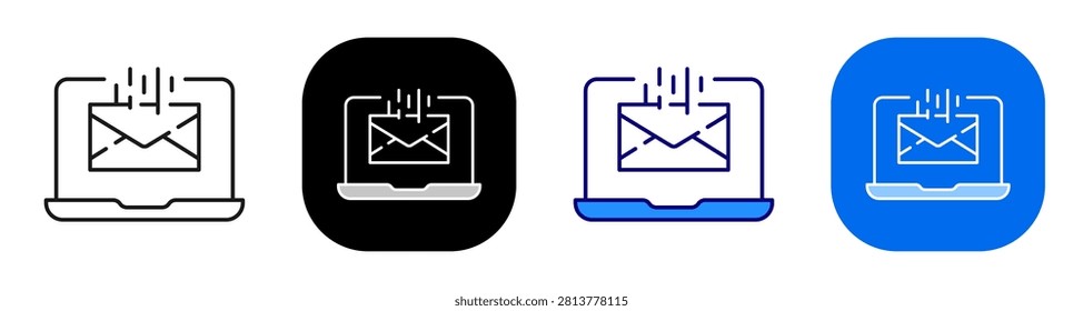 Laptop email concept representing computer mail message and digital communication. Line, filled, black, color set. Editable stroke