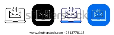 Laptop email concept representing computer mail message and digital communication. Line, filled, black, color set. Editable stroke