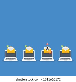 Laptop email / envelope with black document and skull icon. Virus, malware, email fraud, e-mail spam, phishing scam, hacker attack concept. Vector illustration
