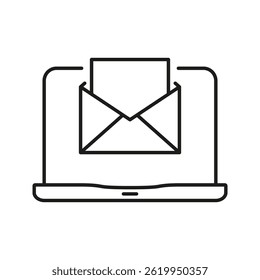 Laptop With Email Envelope Line Icon. Digital Communication, Online Messaging, And Email Marketing Outline Symbol. Business Correspondence. Editable Stroke. Isolated Vector Illustration.